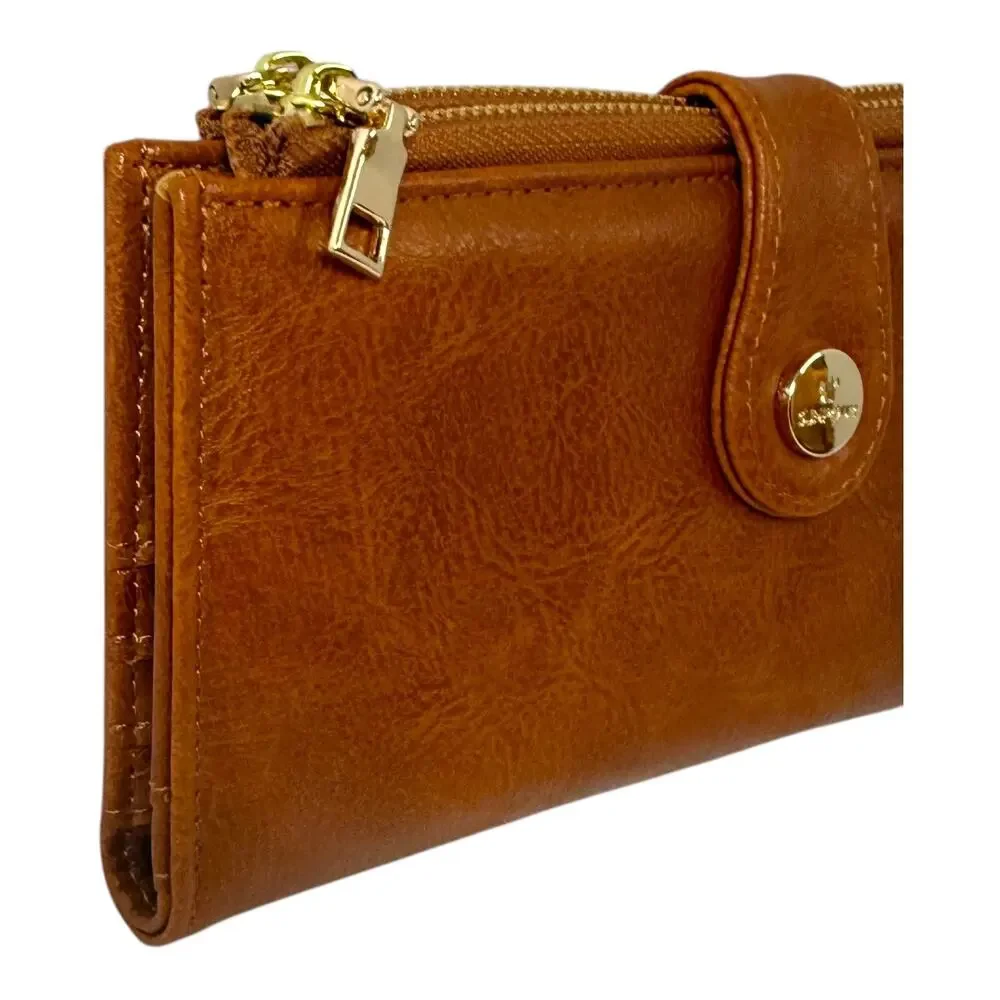 Faux Leather Brown RFID Wallet Double Zip 24 Card Slots Sunpour NEW